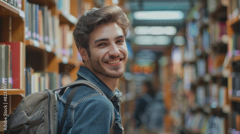 Handsome Smile student man with backpack and books in library, education, university, cheerful, college, happy, standing, school, backpack, attractive, enjoyment, confidence. Handsome Smile student man with backpack and books in library, education, university, cheerful, college, happy, standing, school, backpack, attractive, enjoyment, confidence.
