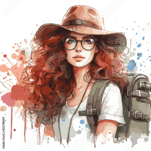 Very Beautiful highly detailed traveller girl in glasses wearing hat  watercolor vector illustration isolated on white background