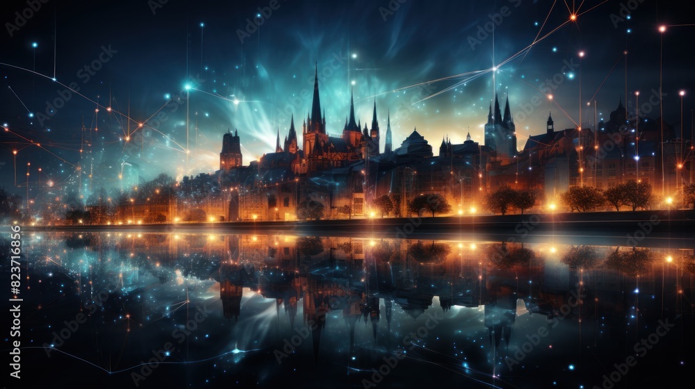 A breathtaking sci-fi cityscape with a cathedral, reflecting on water with vibrant light connections above
