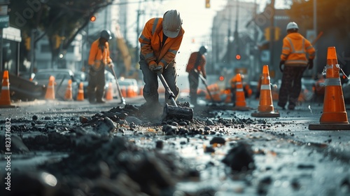 Construction workers are actively repairing a damaged city street early in the morning. photo