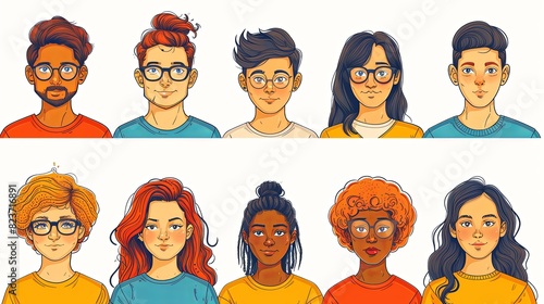 People avatars set. Young men and women with thinking face expressions. Modern line character heads, happy smiling thoughtful girls and guys. Flat vector illustrations isolated on white background photo