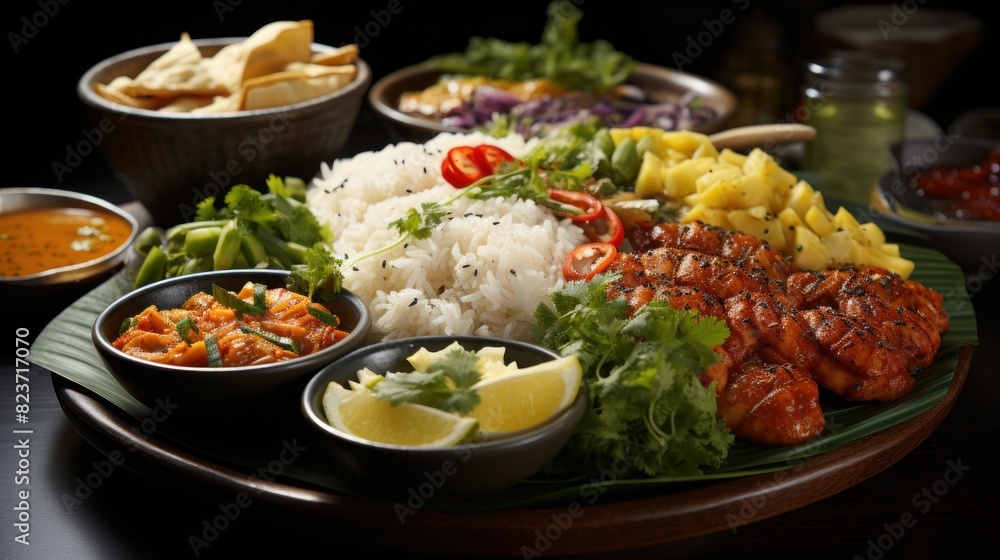 An appetizing image of an Indian food platter with rice, tandoori chicken, and multiple side dishes An appetizing image of an Indian food platter with rice, tandoori chicken, and multiple side dishes
