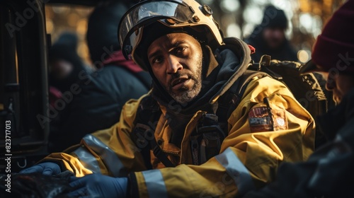 A serious and determined firefighter in full gear is preparing for an operation at an emergency scene, with colleagues in the background