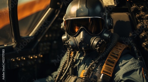 A depiction of a jet pilot in the cockpit with blurred face and focused on controls