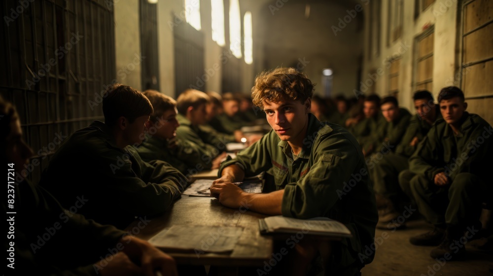 A young man in a green military uniform is looking intently, seated among fellow soldiers in a barracks-like setting