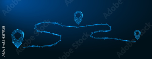 Map location pointers, low poly design. Map pin or navigation pointer with route or way. Low poly wireframe navigation pointer that mark geolocation. Vector illustration.