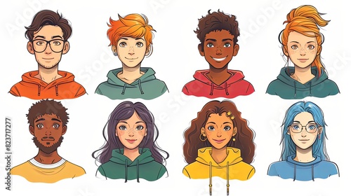 People avatars set. Young men and women with thinking face expressions. Modern line character heads, happy smiling thoughtful girls and guys. Flat vector illustrations isolated on white background photo