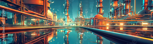 Petroleum Refining Dance: A dynamic view of towering distillation towers, sprawling storage tanks, crisscrossing pipelines, and hardworking professionals meticulously refining crude oil into an array  photo