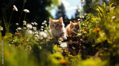 Two adorable kittens peeking curiously from behind plants in a sunlit garden, exploring their surroundings