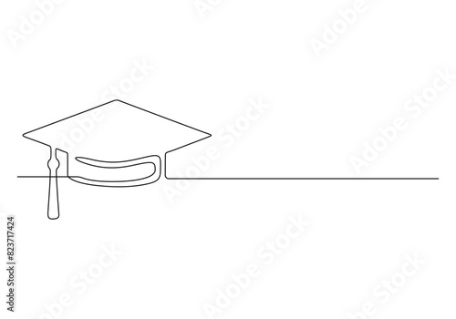 Continuous one line drawing of graduation cap isolated on white background vector illustration 