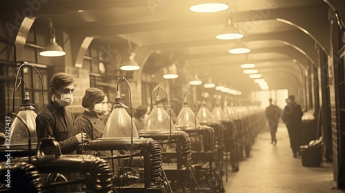 The image showcases an old-fashioned factory setting with workers and sewing machines, captured in sepia tones to evoke a historical feel photo