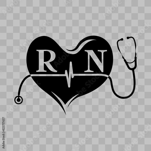 RN Nurse heart label with stethoscope in love shape isolated on transparent background