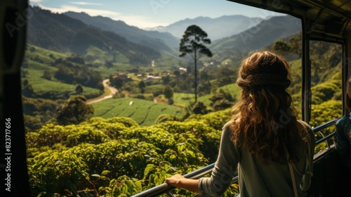 A traveler with a knit headband looks out from a train, gazing at the lush green landscape and hills photo