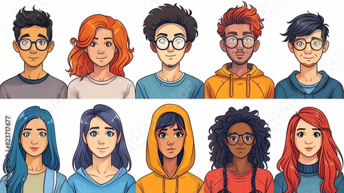 People avatars set. Young men and women with thinking face expressions. Modern line character heads, happy smiling thoughtful girls and guys. Flat vector illustrations isolated on white background photo