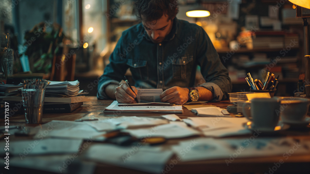 Focused Young Man Reviewing Documents at His Home Office Desk at Night Focused Young Man Reviewing Documents at His Home Office Desk at Night