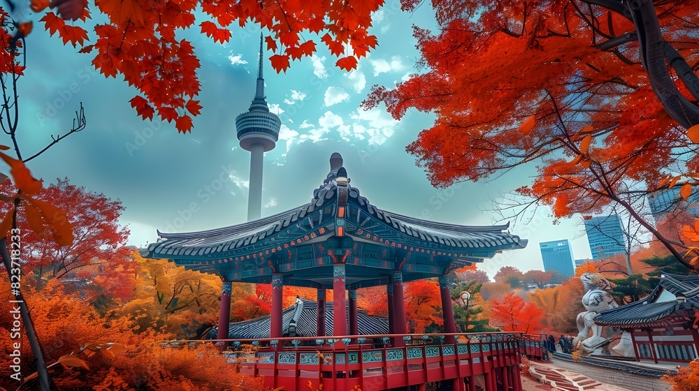 Obraz premium Dramatic viewpoint of an Oriental pagoda framed by intense red autumn leaves against a bright, overcast sky with a distant tower.