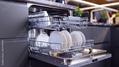 Dishwasher with open door clean dishes warm kitchen lighting.