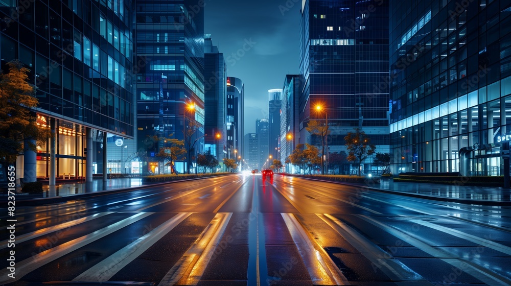 Obraz premium An empty urban street is shown at night, with bright streetlights lining the road. 