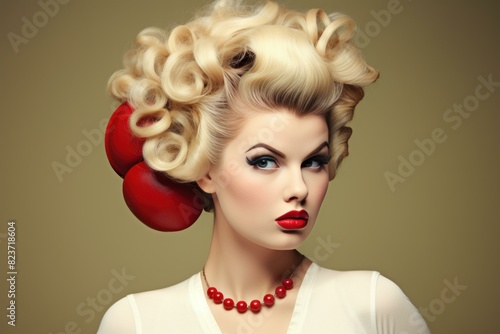 Elegant woman embodying vintage fashion with a sophisticated retro hairstyle and bold makeup