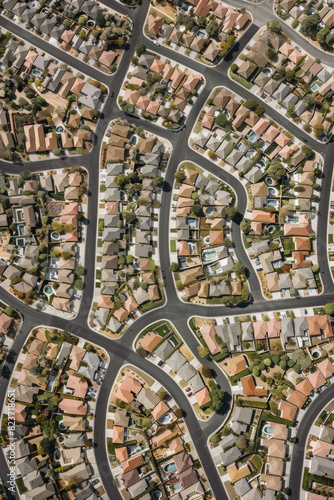 Aerial view of a suburban neighborhood with a minimalist layout, highlighting the repetitive patterns of houses and streets. Use a muted color palette to enhance the simplicity