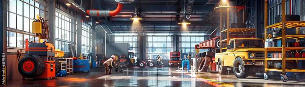 Fototapeta premium City Maintenance Garage Floor: Featuring city vehicles, maintenance equipment, storage racks, and workers maintaining municipal infrastructure