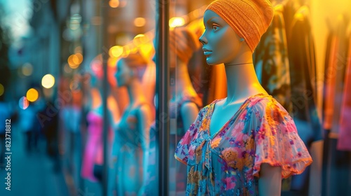 Stylish mannequins dressed in summer outfits, displayed in a storefront window.