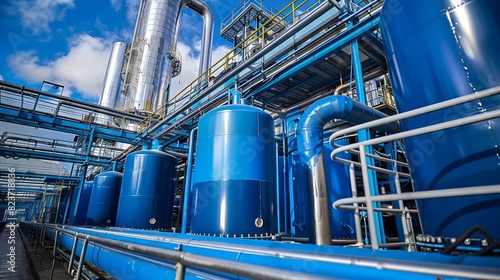 Exterior view of a modern industrial facility with blue piping and silver tanks.