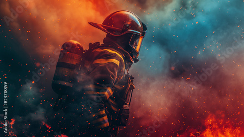 A fireman during an operation in fire photo