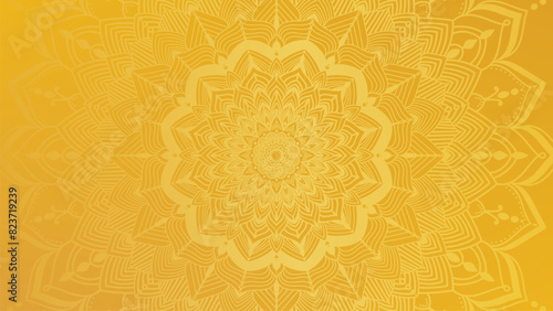 Round mandala on dreamy peach fuzz gradient background. Translucent mesh pattern in the form of a mandala. Mandala with floral patterns. Pastel Yoga template. Gradient background with round mandala. 