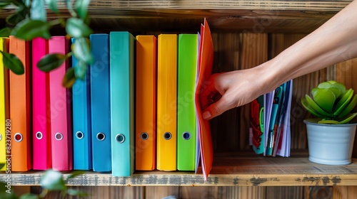 Hand placing folders on wooden shelf colorful office supplies.