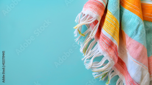 A colorful towel with a blue background. The towel is striped and has a fringed edge. The blue background gives the image a calm and serene mood photo