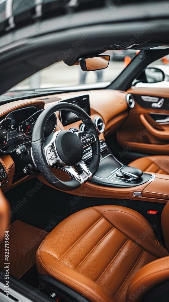 A modern vehicle's cockpit is wrapped in tan leather, boasting contemporary design and advanced controls. The harmony of form and function is unmistakable.