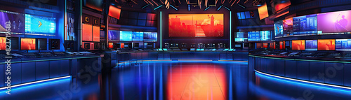 Television Production Studio Floor: Displaying sound stages, control rooms, editing suites, and crew filming TV shows or movies photo