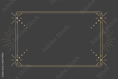 Golden celestial minimal esoteric frame, thin line border, mystyc linear decoration with dots, moon, stars corners isolated on dark background. Geometric shape, tarrot 