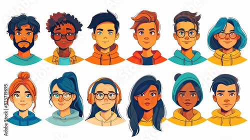 People avatars set. Young men and women with thinking face expressions. Modern line character heads, happy smiling thoughtful girls and guys. Flat vector illustrations isolated on white background photo