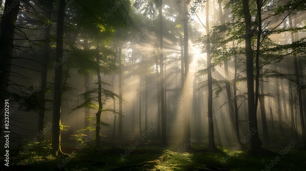 A mystical foggy forest with sun rays piercing through the trees, generative AI.... A mystical foggy forest with sun rays piercing through the trees, generative AI....