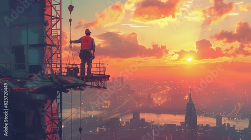 A construction worker is operating a crane high above an urban cityscape during sunset photo