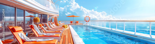 Cruise Ship Deck: Featuring deck chairs, swimming pools, bars, and passengers enjoying the cruise experience
