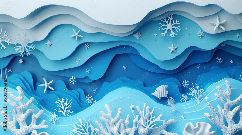 3D paper art of an underwater scene with blue waves, coral reefs, and sea creatures, evoking a serene oceanic ambiance. 3D paper art of an underwater scene with blue waves, coral reefs, and sea creatures, evoking a serene oceanic ambiance.