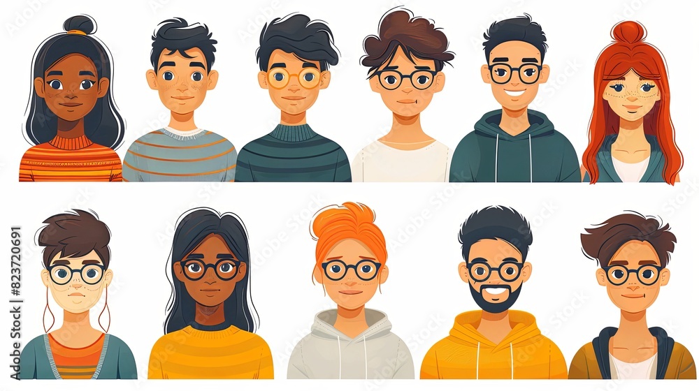 People avatars set. Young men and women with thinking face expressions. Modern line character heads, happy smiling thoughtful girls and guys. Flat vector illustrations isolated on white background People avatars set. Young men and women with thinking face expressions. Modern line character heads, happy smiling thoughtful girls and guys. Flat vector illustrations isolated on white background