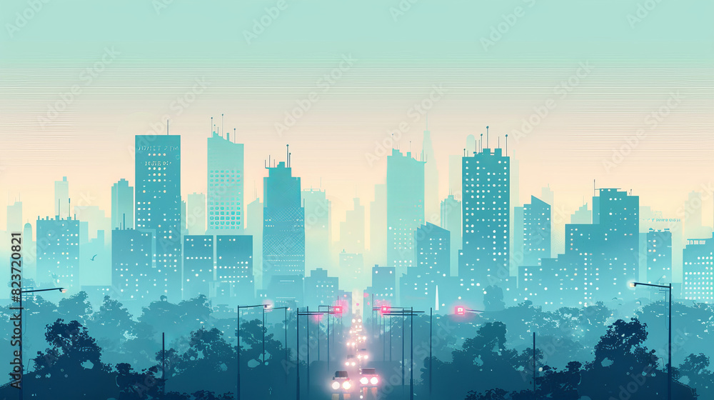 Fototapeta premium Abstract illustration of a modern urban city skyline with high-rise buildings and a gradient sky, depicting a futuristic cityscape.