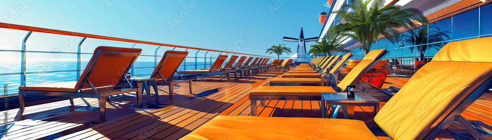 Cruise Ship Deck: Featuring deck chairs, swimming pools, bars, and passengers enjoying the cruise experience