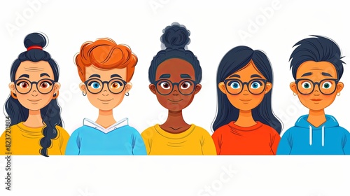 People avatars set. Young men and women with thinking face expressions. Modern line character heads, happy smiling thoughtful girls and guys. Flat vector illustrations isolated on white background photo