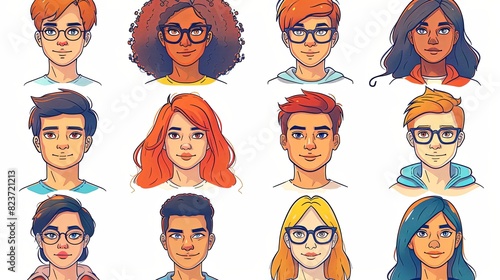 People avatars set. Young men and women with thinking face expressions. Modern line character heads, happy smiling thoughtful girls and guys. Flat vector illustrations isolated on white background photo