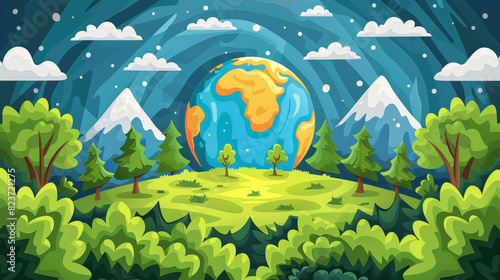 Colorful illustration of a vibrant Earth surrounded by lush forests  mountains  and a starry night sky  emphasizing nature and environmental beauty.