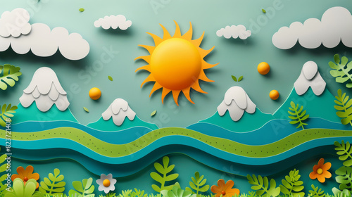 Colorful paper art landscape with mountains, sun, clouds, and various greenery creating a cheerful, vibrant scene.