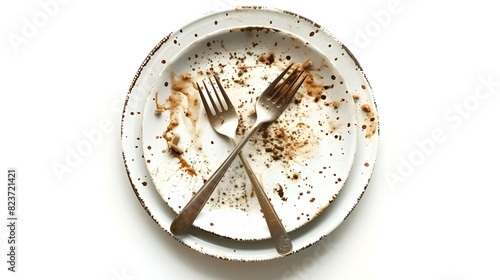 Empty plate with dirty forks after a meal. Concept of food and dining. Simple minimalist style. Perfect for culinary and restaurant themes. AI photo