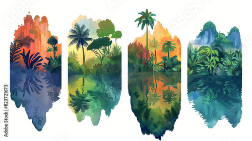 Colorful watercolor landscape painting showcasing four distinct tropical rainforest scenes with lush vegetation and reflections. photo