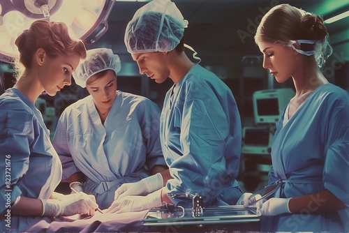 A dedicated surgical team performs an operation in a modern, well-lit hospital room. photo