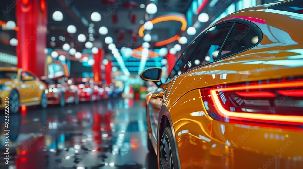 A sleek yellow sports car is showcased in a brightly-lit, modern indoor showroom at night. A sleek yellow sports car is showcased in a brightly-lit, modern indoor showroom at night.